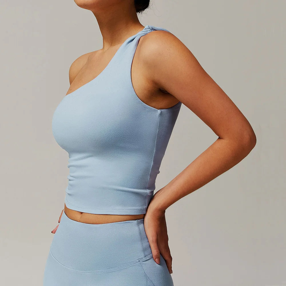 Single Shoulder Tank Top Women Gym Women Sports Underwear Push Up Crop Top Fitness Bra Breathable Running Athletic Sportswear