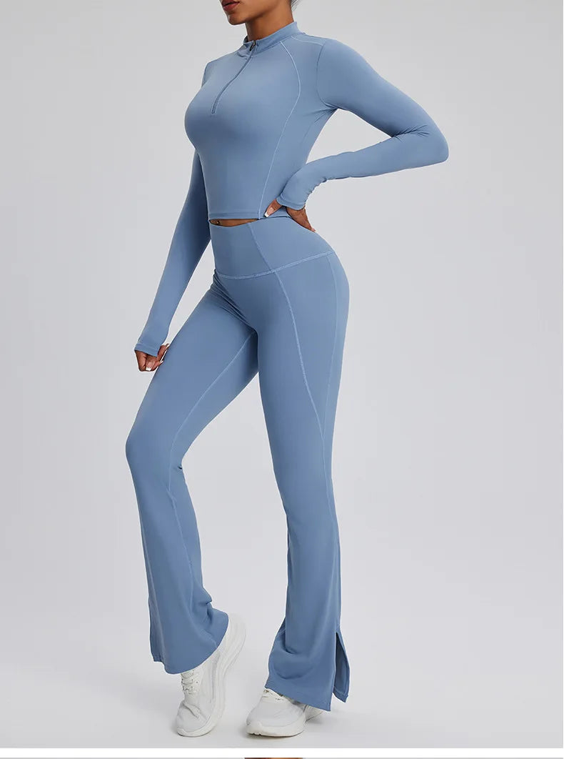 2PCS Yoga Suit Gym Set Women Clothes Running Tracksuit Workout Long Sleeve High Waist Bell-bottoms Sports Shirt Yoga Clothing