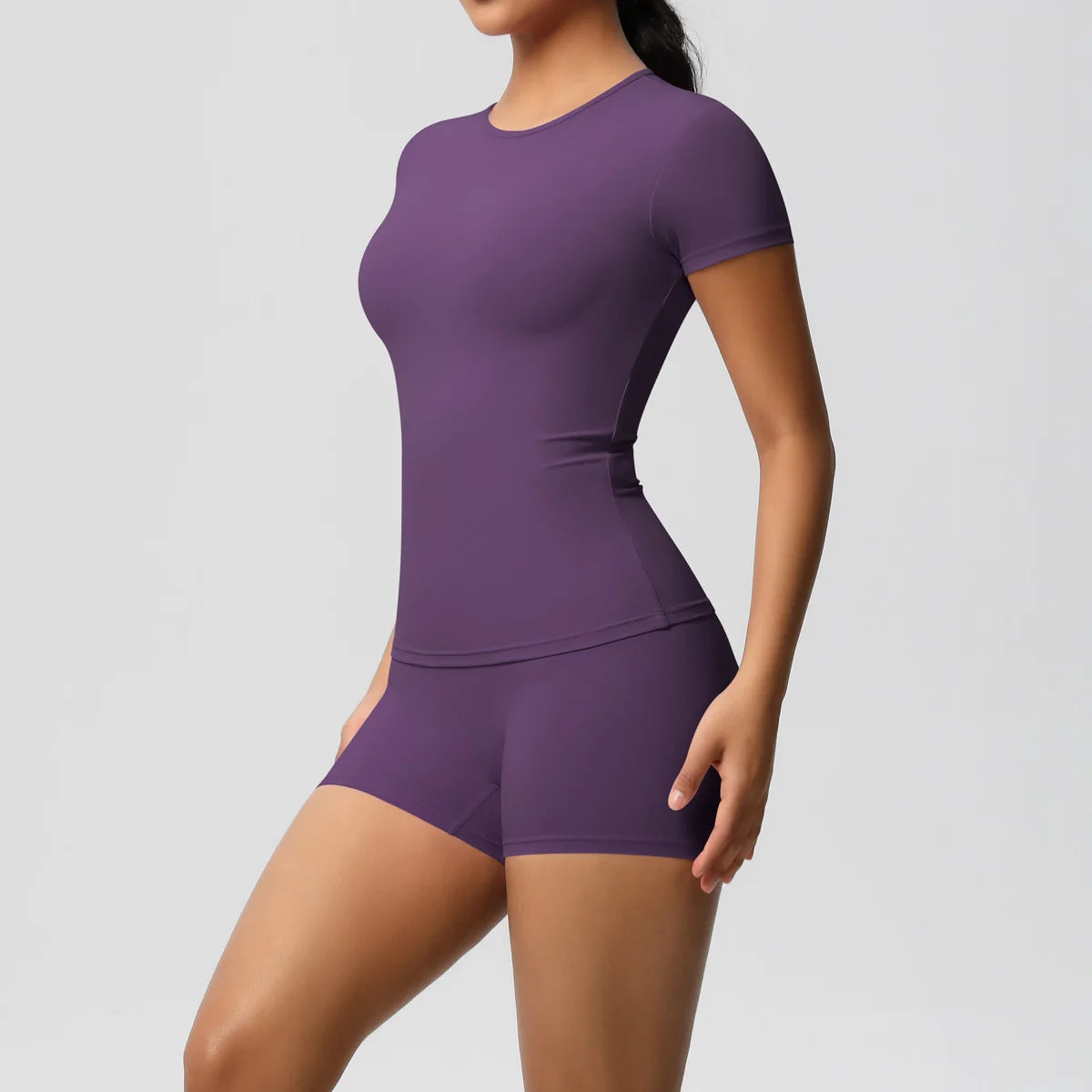 UREN 2PCS Gym Set Summer Short Sleeve Breathable Stretchy GYM Yoga Slim Fitness Active Top Women's Quick-Drying Cycling Short