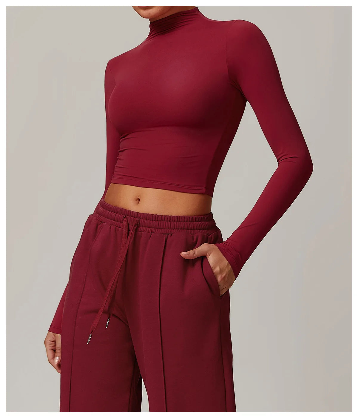 Women Crop Tops High Neck Yoga T-shirts Solid Sports Top Long Sleeve Running Shirts Exposed Navel Quick Dry Fitness Gym Sport