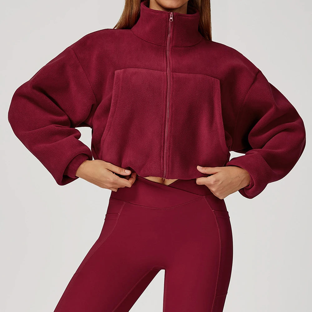 Winter Yoga Jacket Women Long Sleeved Stand Up Collar Windproof Warm Fleece Drawstring Jacket Running With Fleece Sports Jacket
