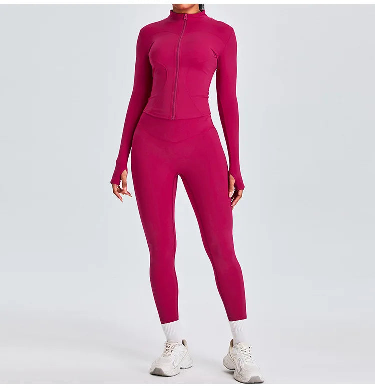 Women 2PCS Yoga Set Workout Clothes Long Sleeve Jacket Gym Crop Top High Waist Leggings Fitness Sports Wear Sport Suit Gymwear