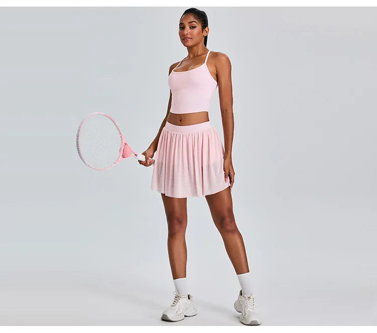 2 Piece Sportswear Leisure Sports Short Skirt Yoga Set Women's Belt Lined Mesh Pleated Tennis Skirt Running Push Up Fitness Suit