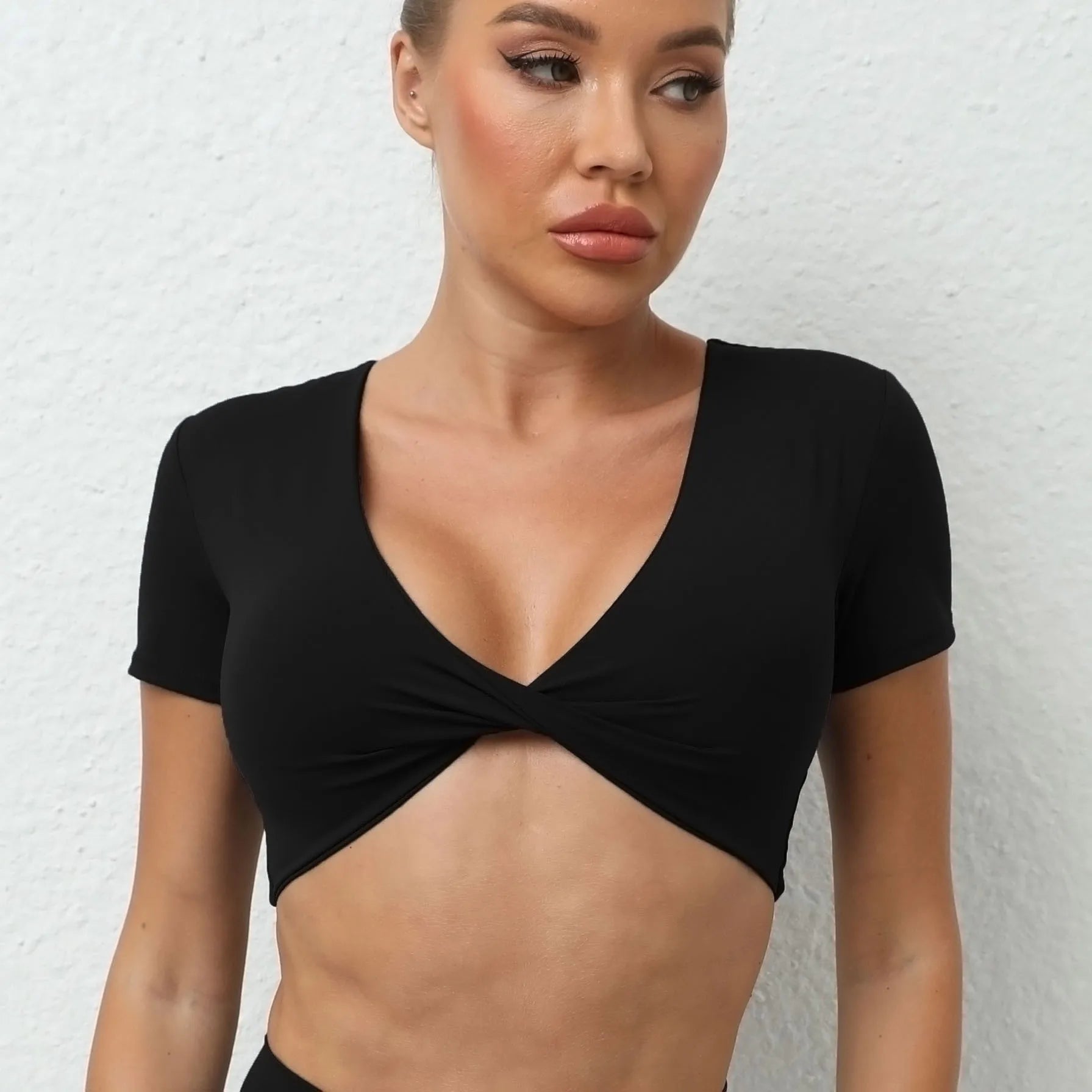 Sexy V Neck Crop Top Women Short Sleeve Yoga Shirt Naked Feeling Fitness Workout Tops Gym Clothes Sportswear Running T-shirts