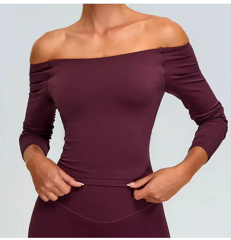 Sexy Off Shoulder Long Sleeved Tops Women's Yoga Long Sleeved Sports T-shirt Top Workout Running Tight Fitting Fitness Clothes