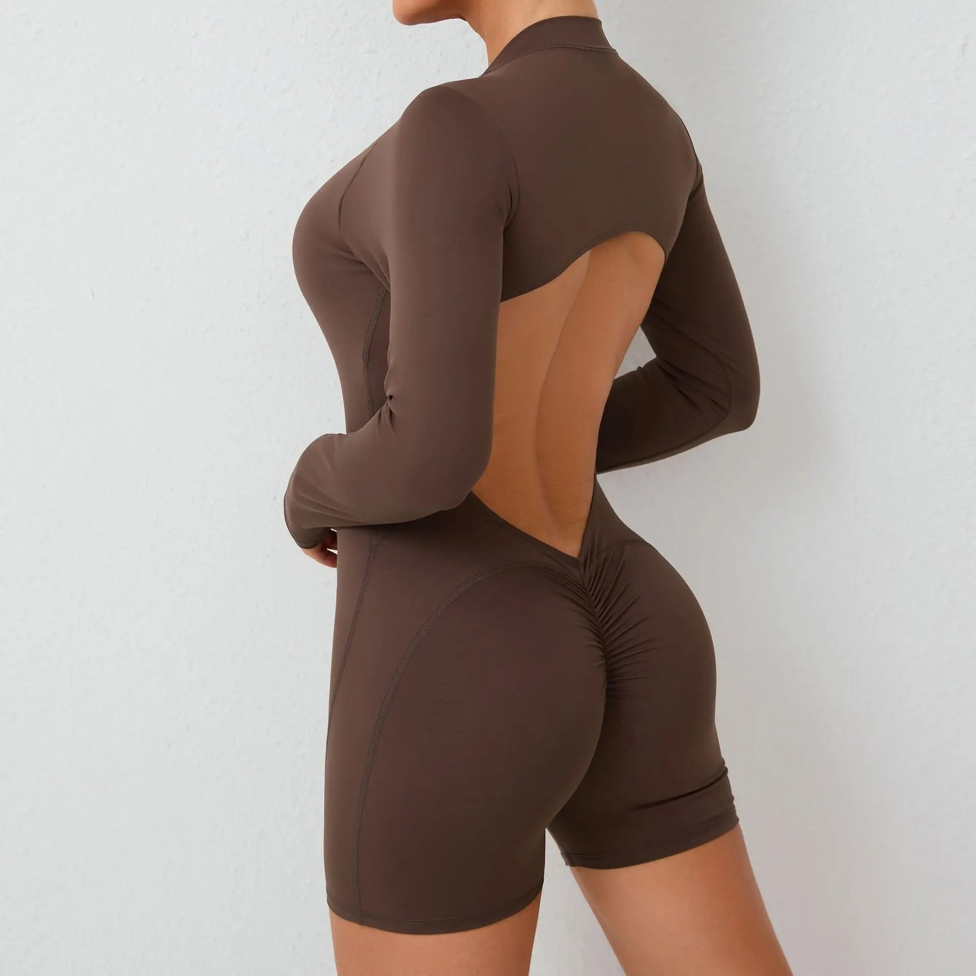 Sexy Back V Jumpsuit Women Tracksuit Yoga Set Sports Zipper Rompers Gym Long Sleeve Fitness Suit Gym Workout Bodysuit