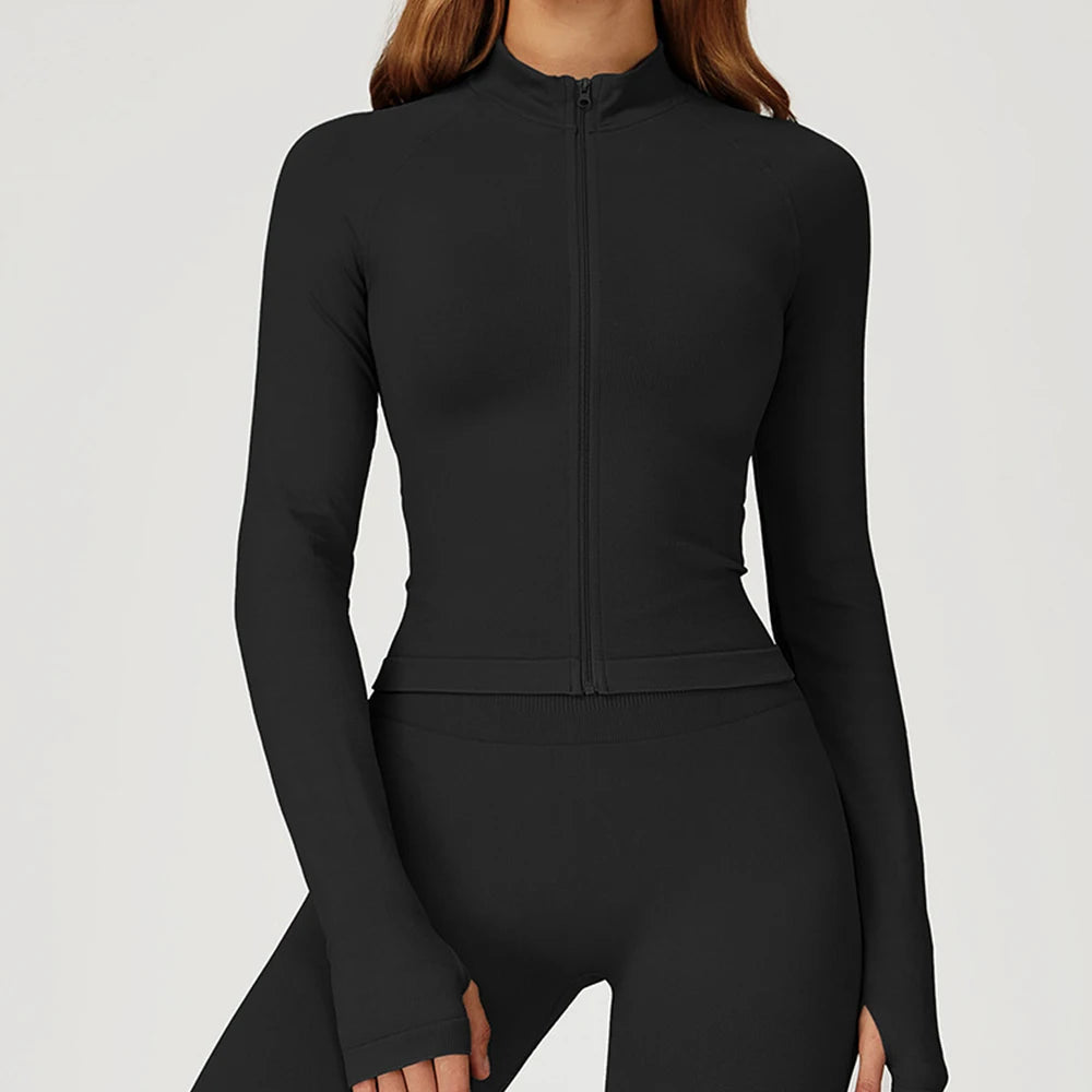 Seamless Zipper Jacket Women Crop Top Yoga T-shirts Solid Sports Top Long Sleeve Running Shirts Quick Dry Fitness Gym Sport Wear