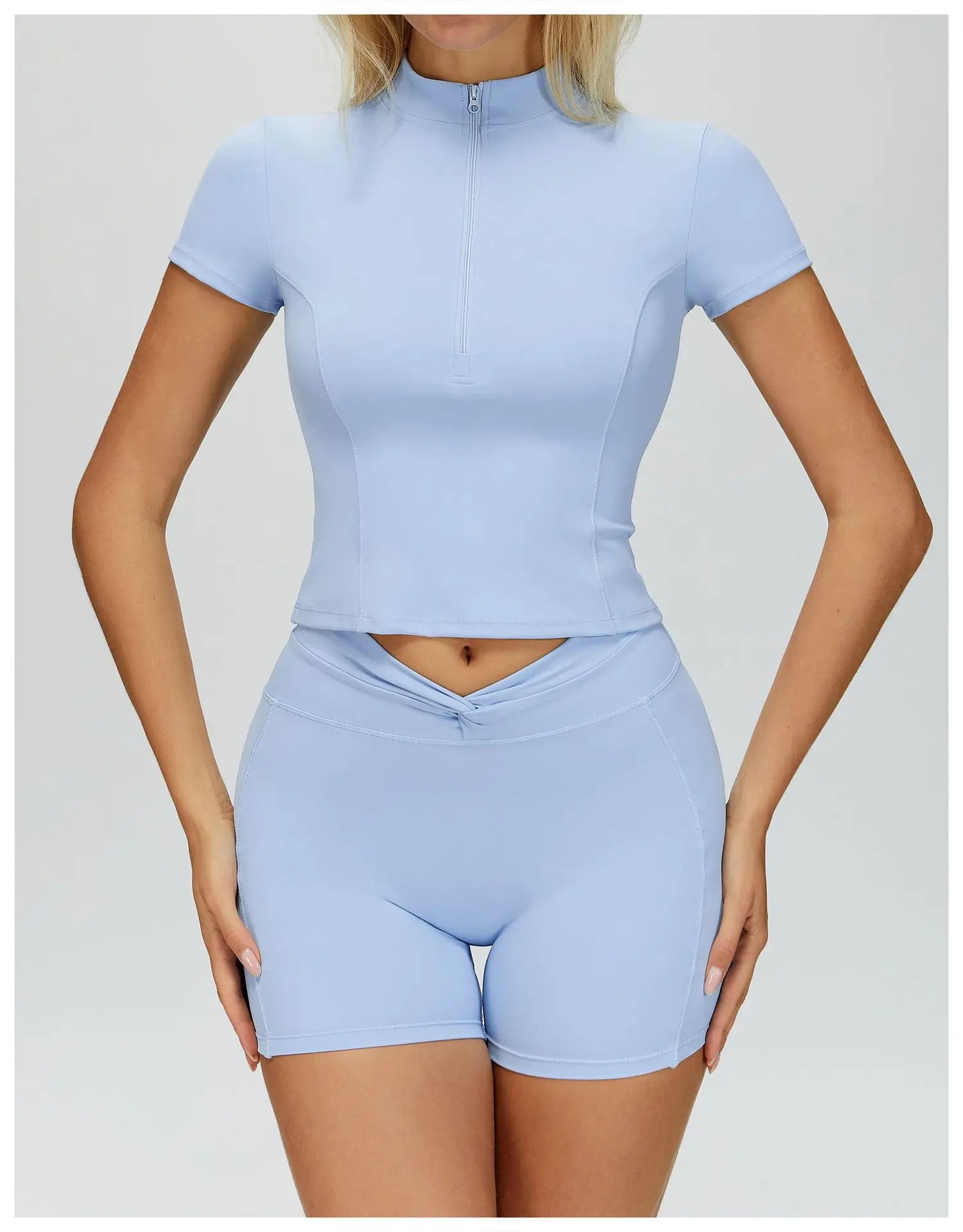 Zipper Short Sleeved Women's Tight Fitting Sports T-shirt Quick Drying Yoga T-shirt Running Exercise Fitness Short Sleeved