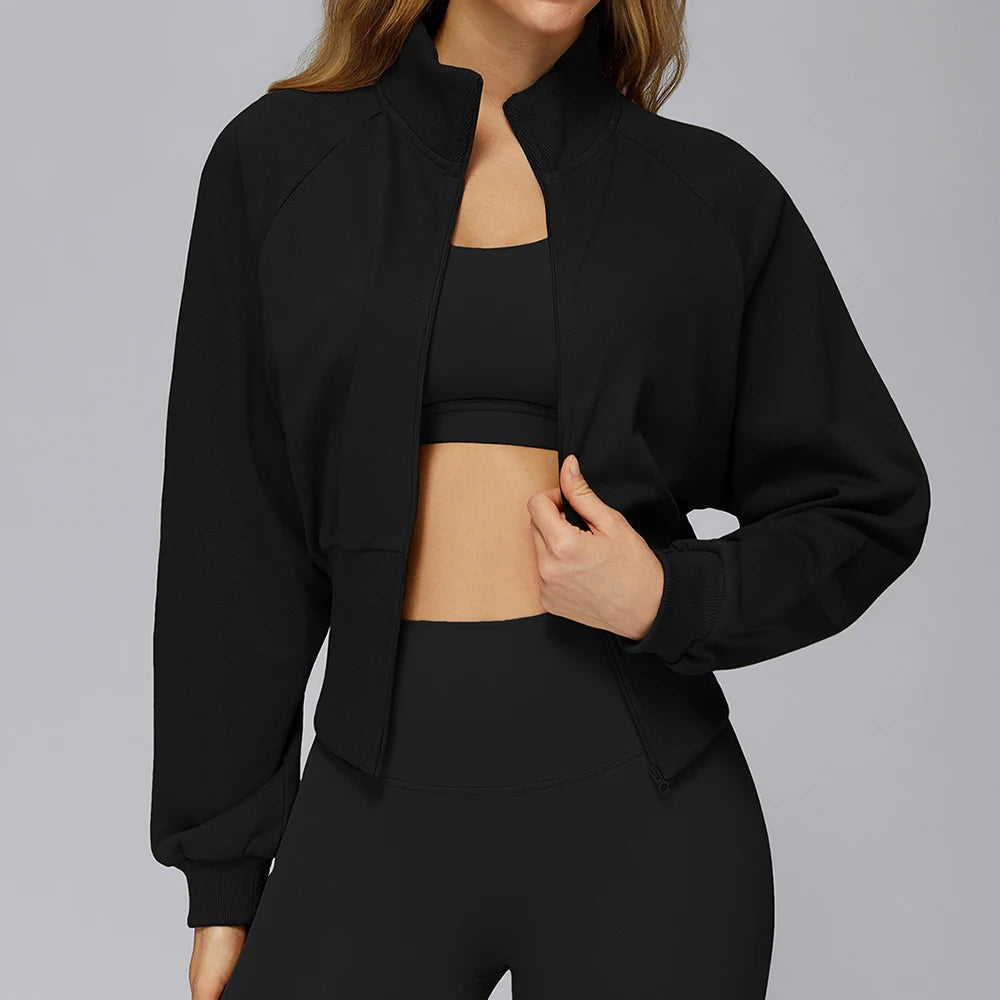 Winter Yoga Long Sleeved Women's Standing Collar Sweatshirt Windproof Zipper Warm Sweatshirt Loose Outdoor Running Sports Jacket