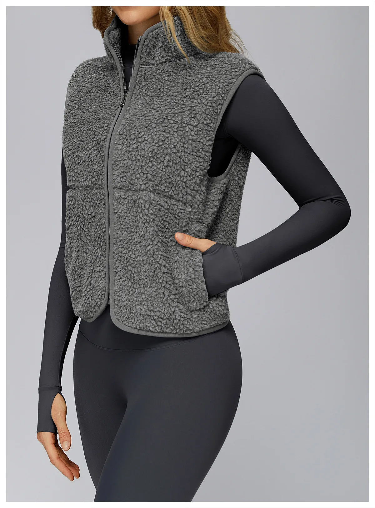 Winter Women's Standing Collar and Velvet Sports Vest Sleeveless Zipper Outerwear Vest Outdoor Running and Fitness Top
