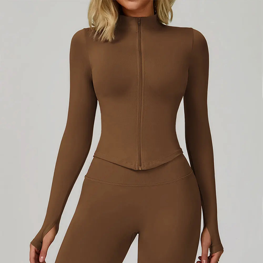 Ribbed Yoga Tops Women's Yoga Long Sleeved Standing Collar Sports Jacket Running Training Fitness Top Gym Workout Running Shirt