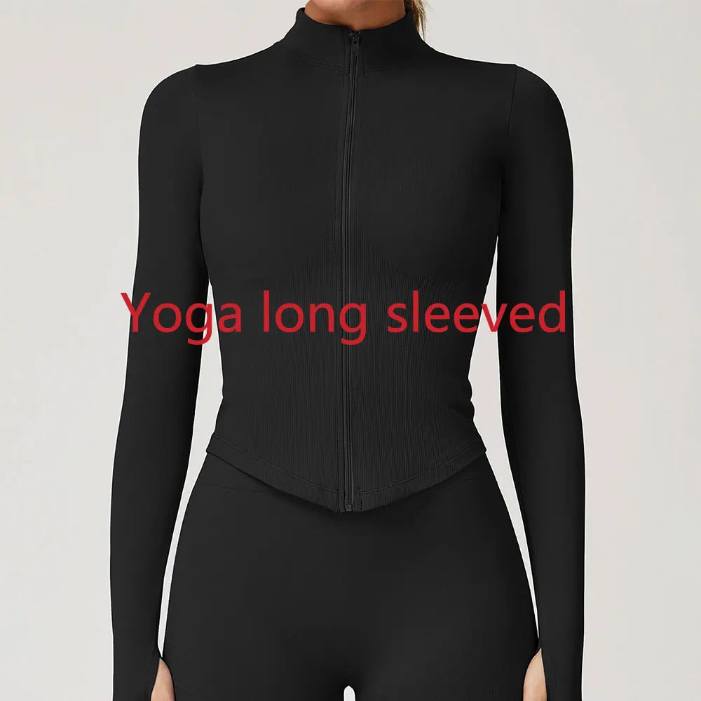 Ribbed Yoga Tops Women's Yoga Long Sleeved Standing Collar Sports Jacket Running Training Fitness Top Gym Workout Running Shirt
