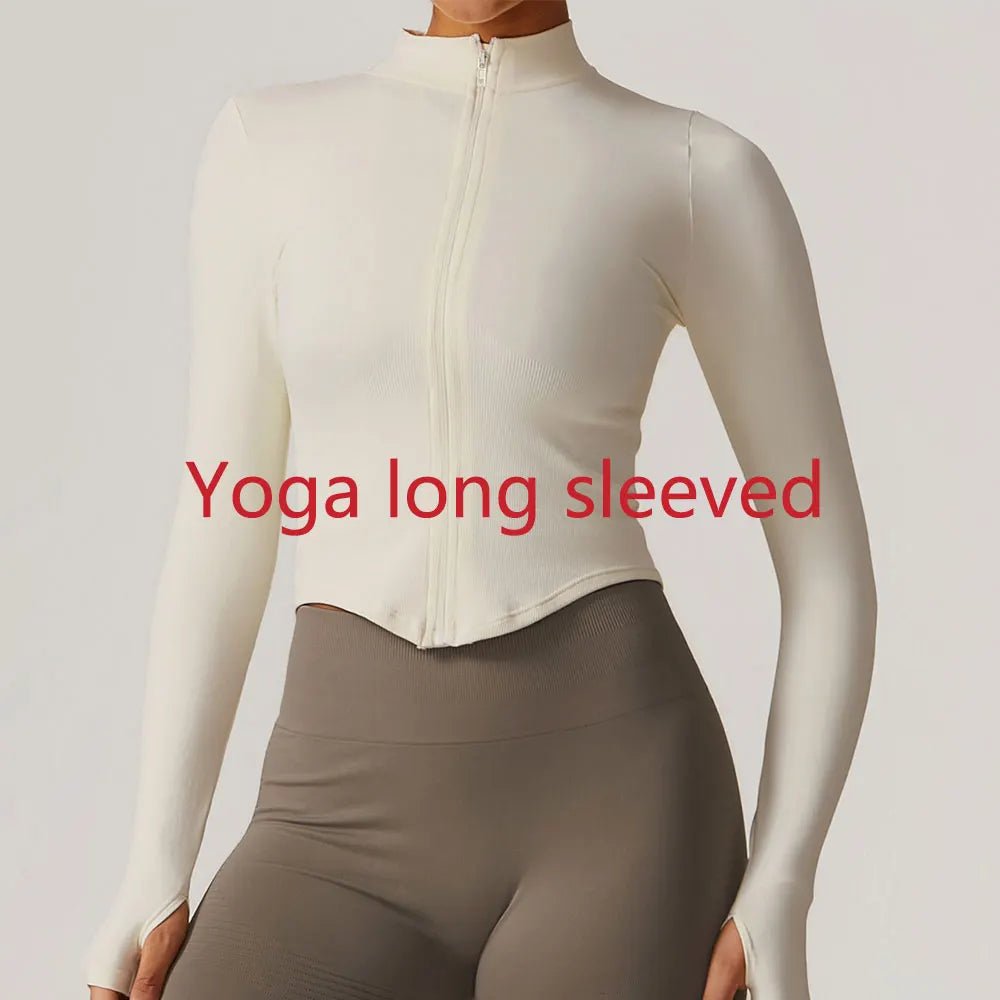 Ribbed Yoga Tops Women's Yoga Long Sleeved Standing Collar Sports Jacket Running Training Fitness Top Gym Workout Running Shirt
