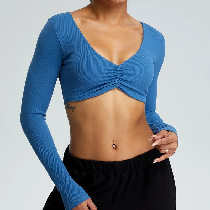 Yoga Shirts Women Crop Top Ribbed Long Sleeves Sexy Shirts for Women Yoga Sports Fitness Running Gym Clothes Push Up Workout Top