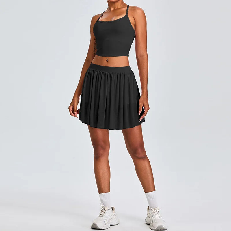 2 Piece Sportswear Leisure Sports Short Skirt Yoga Set Women's Belt Lined Mesh Pleated Tennis Skirt Running Push Up Fitness Suit