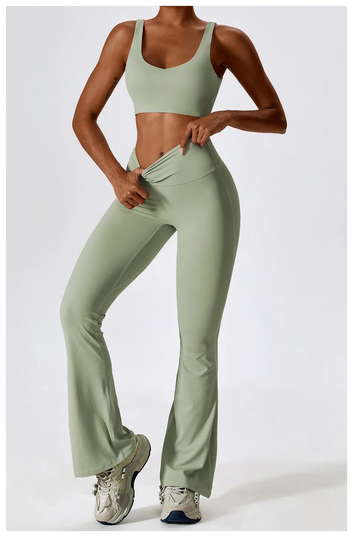 Women Tracksuit Gym Yoga Suit 2PCS Tight Fitting Sports Set Workout Breathable T Shirts Bra Tank Top Loose Bell-bottoms Leggings