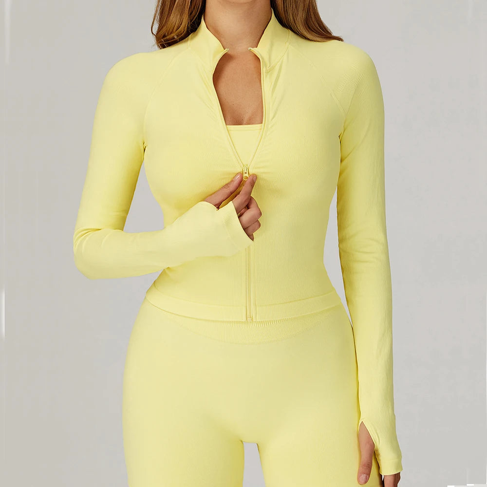 Seamless Zipper Jacket Women Crop Top Yoga T-shirts Solid Sports Top Long Sleeve Running Shirts Quick Dry Fitness Gym Sport Wear