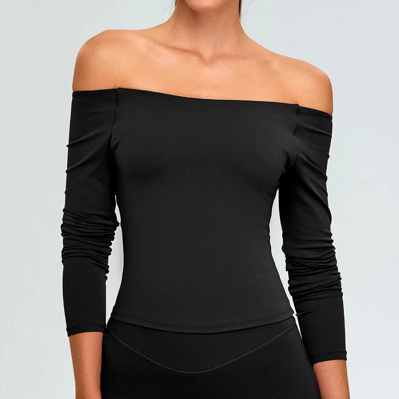Sexy Off Shoulder Long Sleeved Tops Women's Yoga Long Sleeved Sports T-shirt Top Workout Running Tight Fitting Fitness Clothes