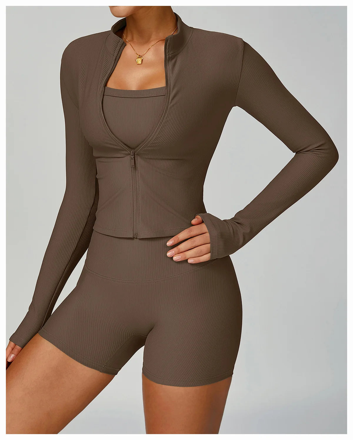 Women Tracksuit 2PCS Yoga Suit Sports Set Quick-Drying Gym Set Running Workout Zipper Long Sleeve Sports Shorts Yoga Clothing