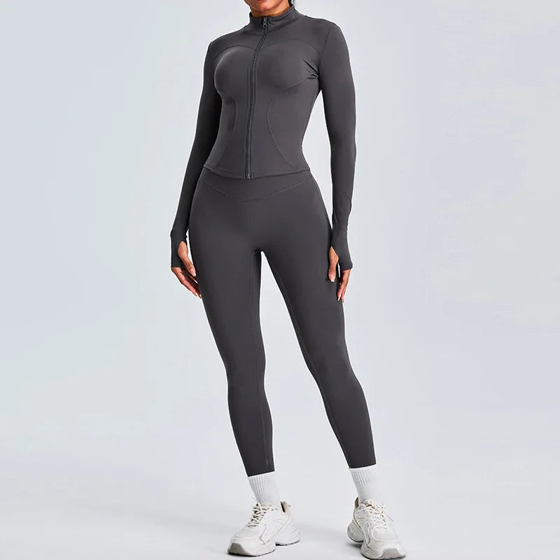 Women 2PCS Yoga Set Workout Clothes Long Sleeve Jacket Gym Crop Top High Waist Leggings Fitness Sports Wear Sport Suit Gymwear