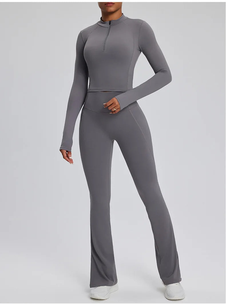 2PCS Yoga Suit Gym Set Women Clothes Running Tracksuit Workout Long Sleeve High Waist Bell-bottoms Sports Shirt Yoga Clothing