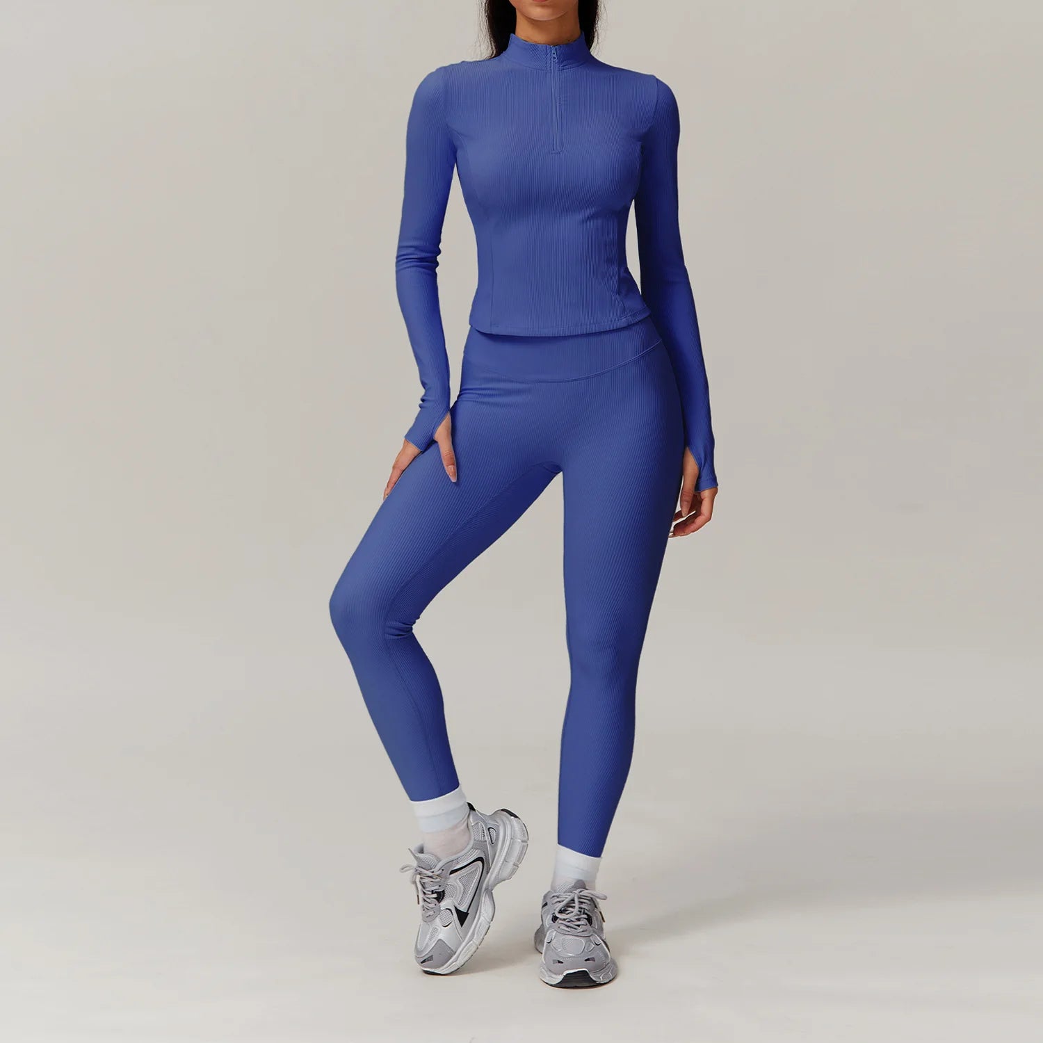 2 Pieces Yoga Suit Women Sports Set Ribbed Gym Set Women Tracksuit Running Workout Zipper Long Sleeve Sports Shirt Yoga Clothing