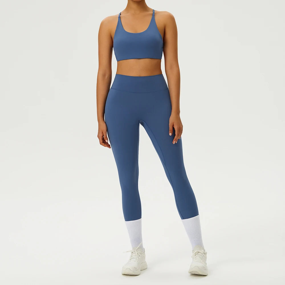 Yoga Clothes Set 2 Piece Gym Set Sportswear Women Cross Back Bra Top High Waist Leggings Fitness Suit Running Workout Tracksuit