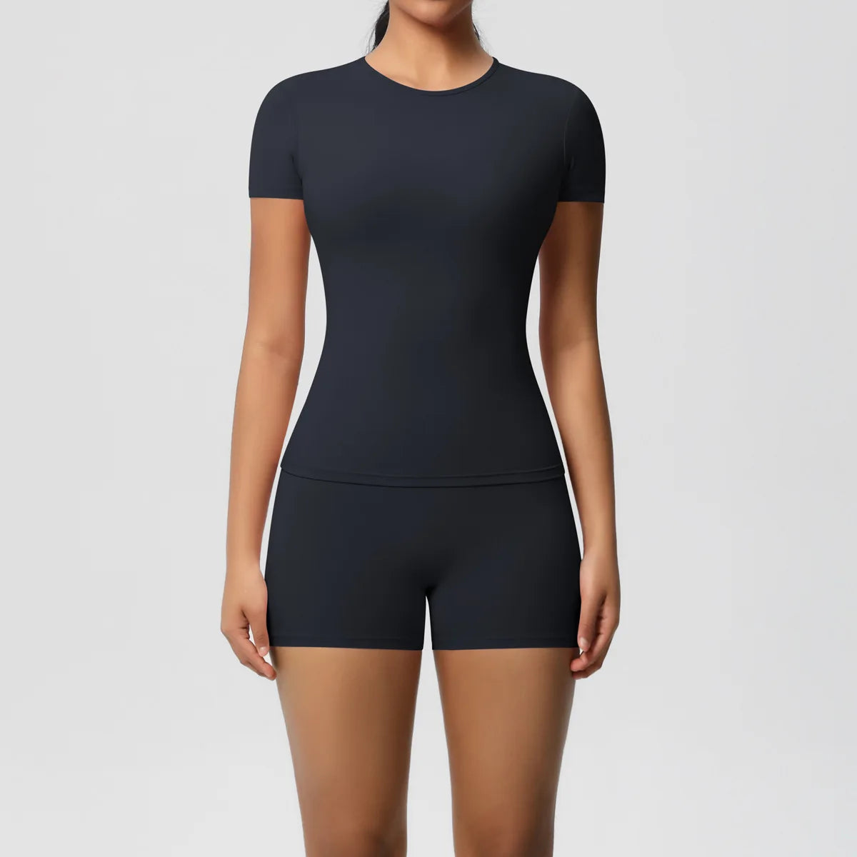 UREN 2PCS Gym Set Summer Short Sleeve Breathable Stretchy GYM Yoga Slim Fitness Active Top Women's Quick-Drying Cycling Short
