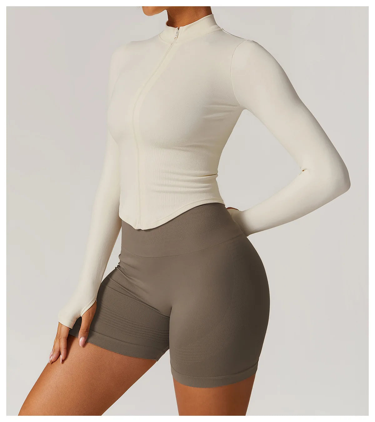 Ribbed Yoga Tops Women's Standing Collar Yoga Long Sleeved Sports Jacket Running Training Fitness Top Gym Workout Running Shirt