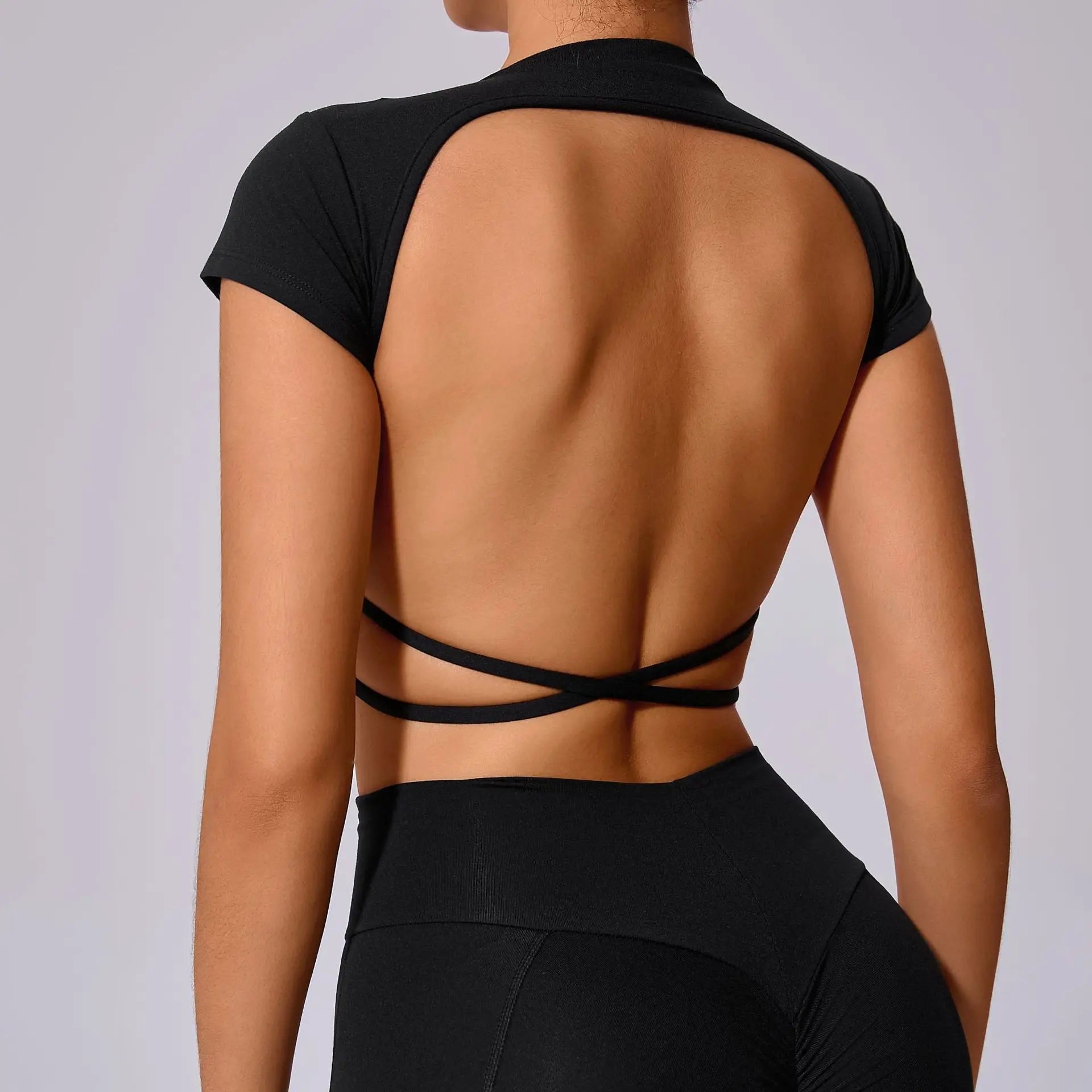 Hollow Beauty Back Crop Top Short Sleeve Workout Yoga Shirt Women Fitness Workout Tops Gym Clothes Sportswear Running T-shirts