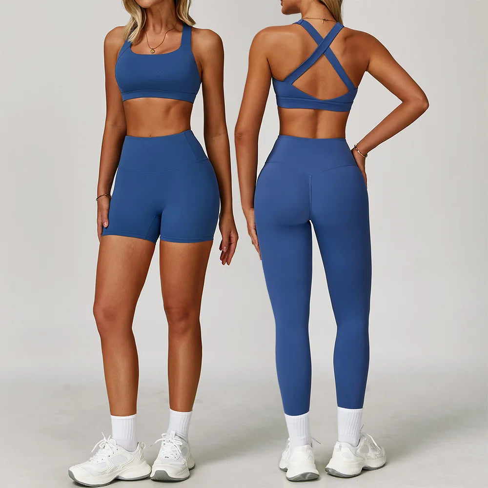 2PCS Women's Tracksuit Athletic Wear Yoga Set Workout Shorts Sportswear Gym Clothing High Waist Leggings Fitness Bra Sports Suit