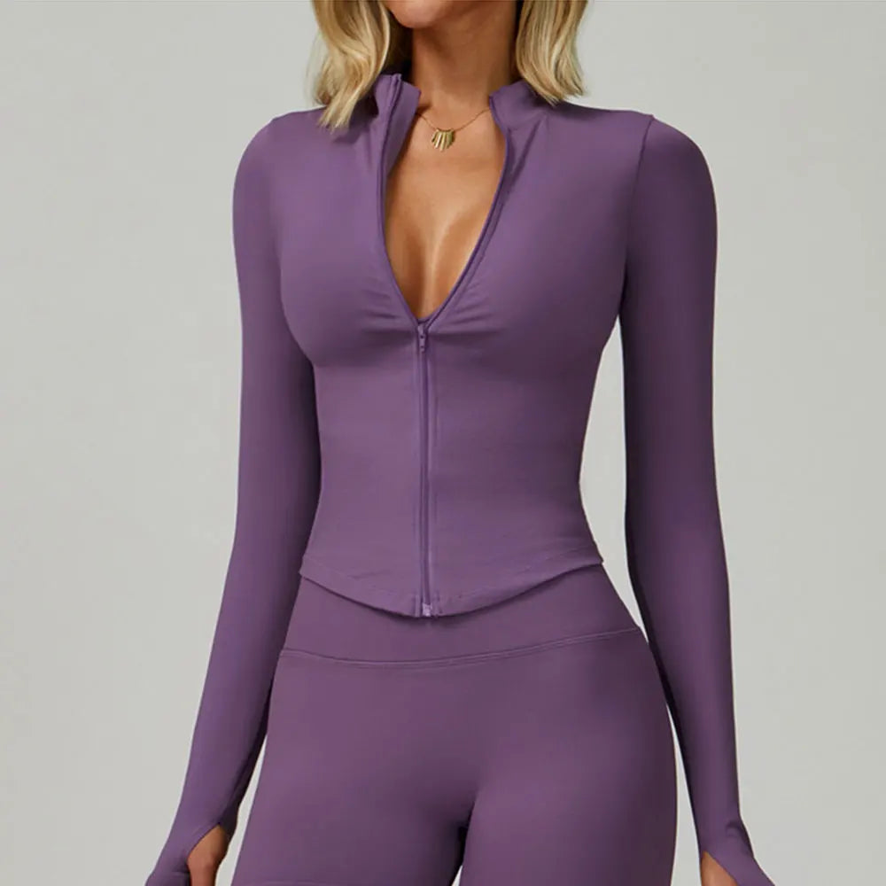 Ribbed Yoga Tops Women's Yoga Long Sleeved Standing Collar Sports Jacket Running Training Fitness Top Gym Workout Running Shirt
