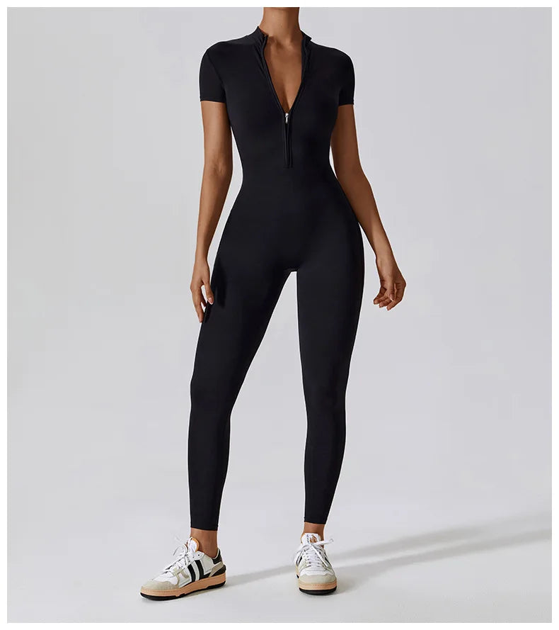Yoga Set Women's Jumpsuits One-Piece Suit Zipper Short Sleeve Gym Push Up Workout Clothes Fitness Bodysuit Sportswear Tracksuit