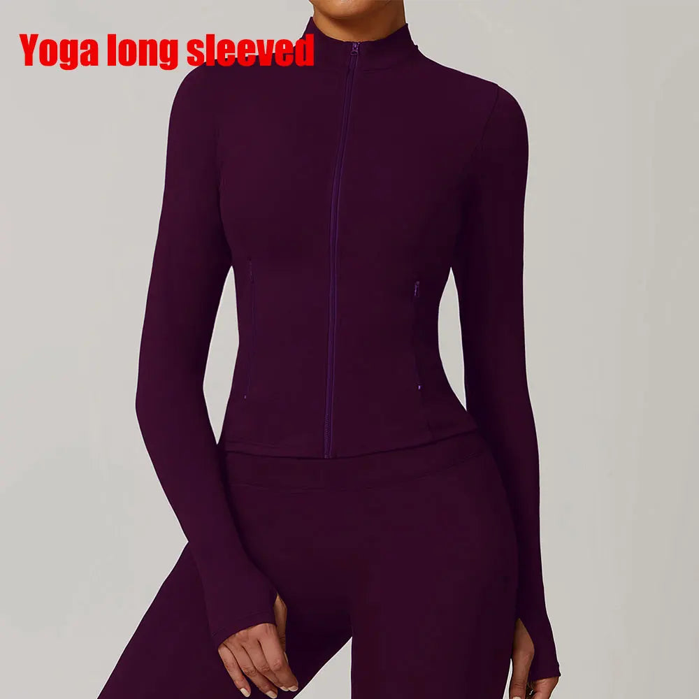 Women Outdoor Running Fitness Wear T-shirt Long Sleeved Thumb Holes Top Zipper Yoga Long Sleeved Yoga Shirt Gym Push Up Workout