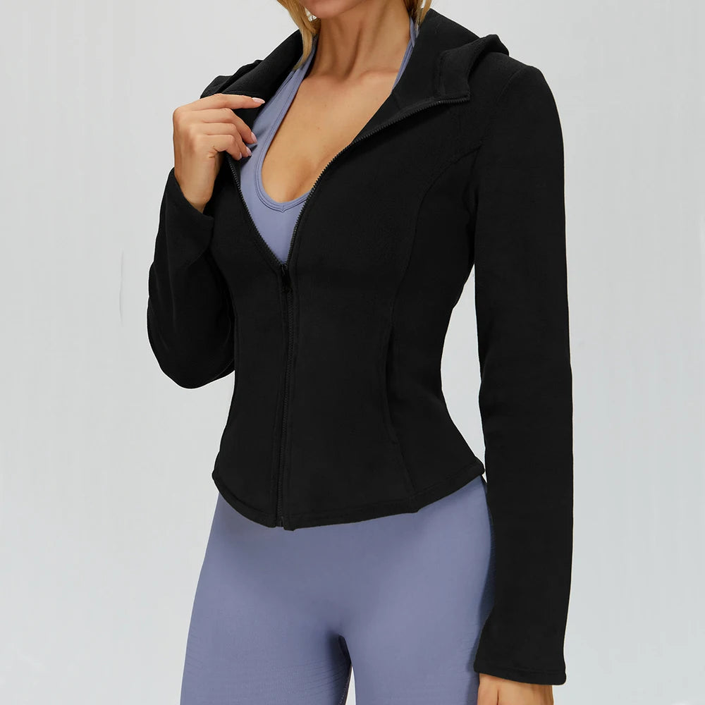 Winter Hooded Jacket for Women Yoga Long Sleeved With Plush Slim Fit Pocket Zipper Jacket Outdoor Casual Sports Warm Jacket