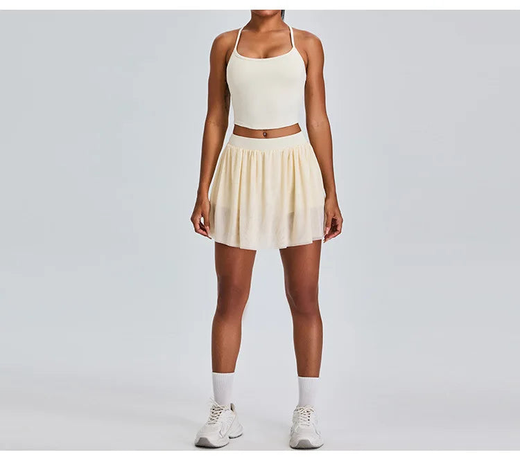2 Piece Sportswear Leisure Sports Short Skirt Yoga Set Women's Belt Lined Mesh Pleated Tennis Skirt Running Push Up Fitness Suit
