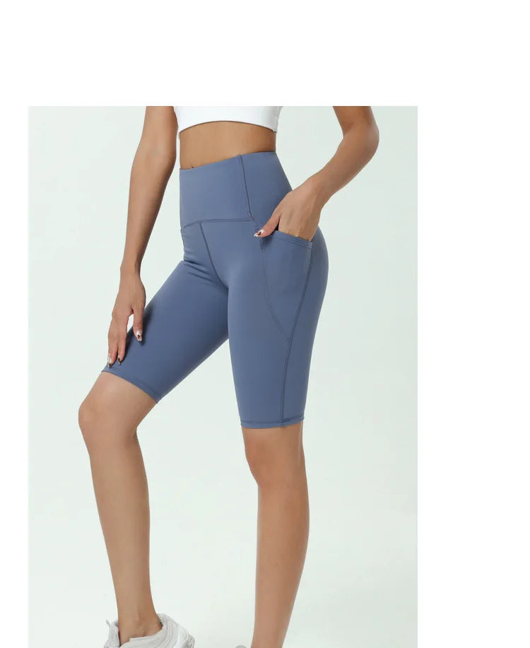 Comfortable Skin Friendly Summer High Waist Yoga Shorts Gym Hip Lift Pants Pocket Breathable Running Cycling Sports Shorts Women