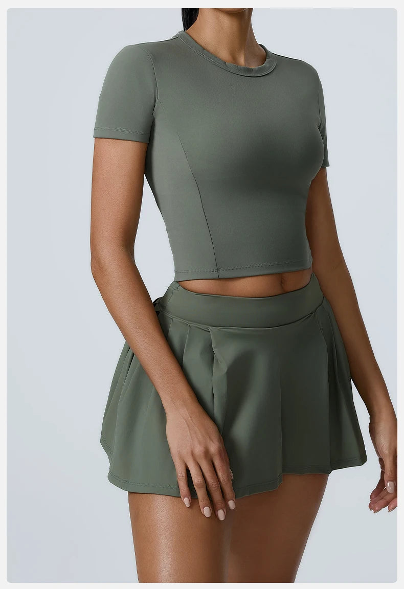 Yoga Set Workout Sets for Women Sportswear 2PCS Gym Suits Crop Short Sleeves High Waist Shorts Outfits Fitness Running Tracksuit