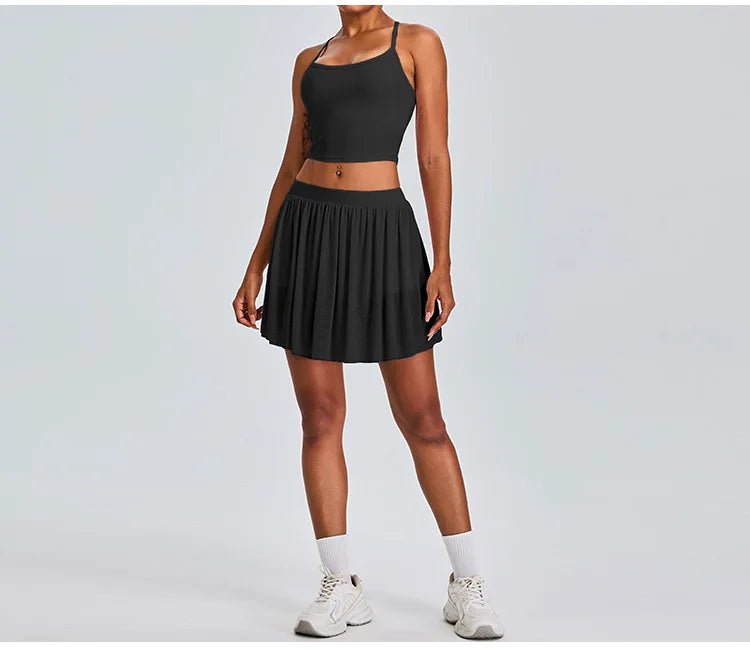 2 Piece Sportswear Leisure Sports Short Skirt Yoga Set Women's Belt Lined Mesh Pleated Tennis Skirt Running Push Up Fitness Suit