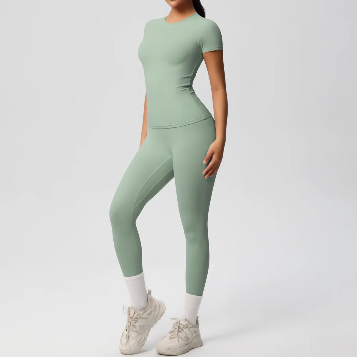 2PCS Yoga Set Women's Tracksuit Quick-Drying Gym Leggings Set Short Sleeve Breathable Gym Yoga Slim Fitness Active Top