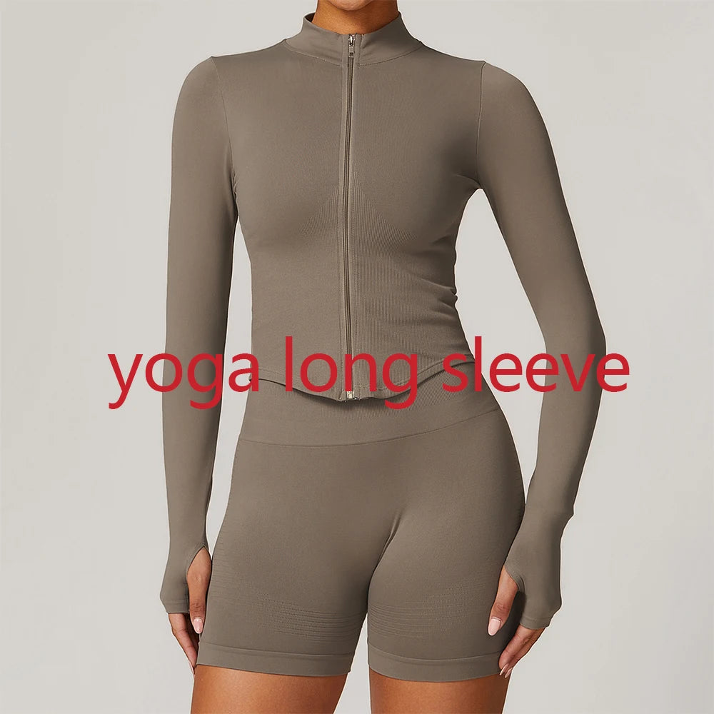 Seamless Outdoor Sports Long Sleeved Women Yoga Coat Quick Dry Zipper Cardigan Stand Up Collar Jacket Running Fitness Jacket Top