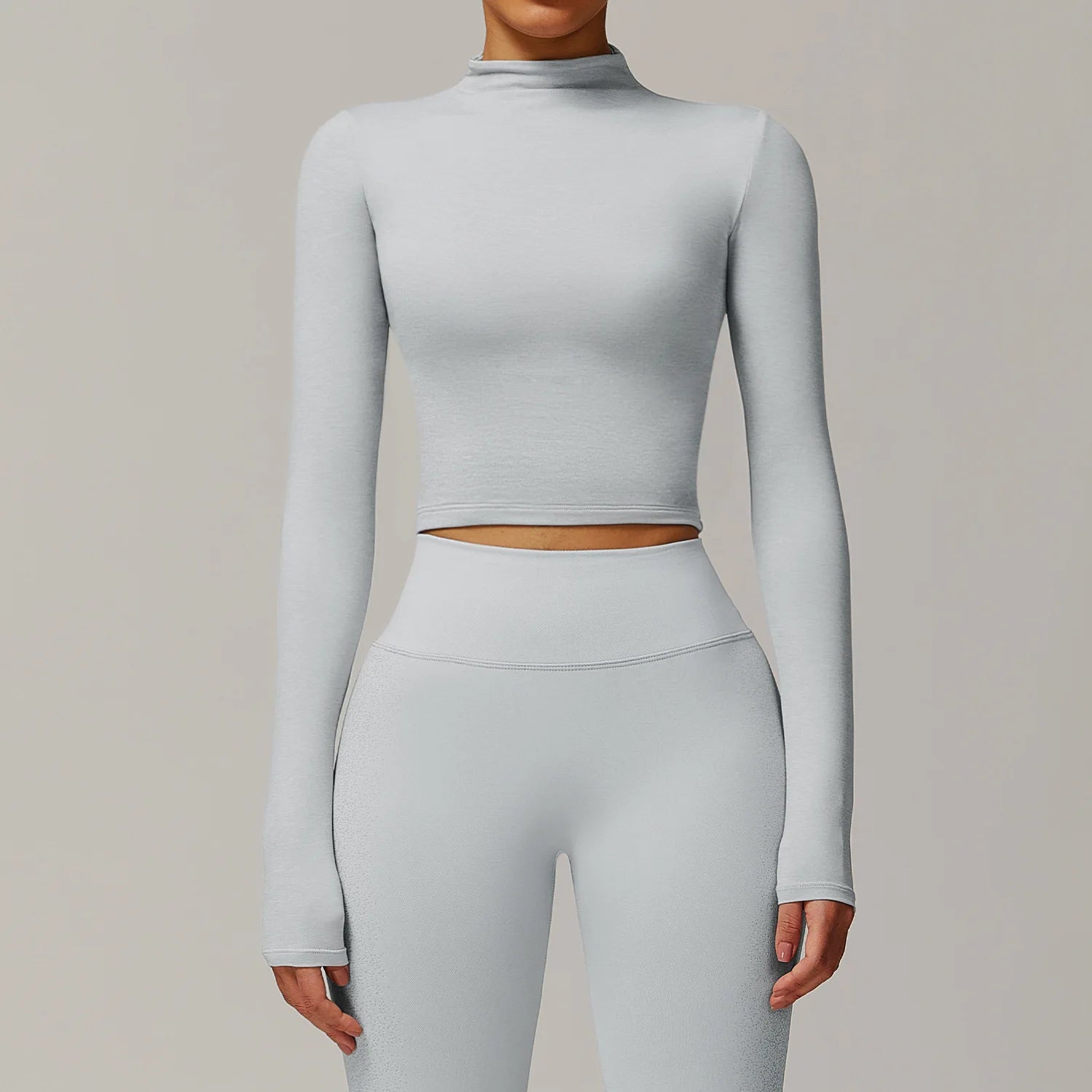 Women Crop Tops High Neck Yoga T-shirts Solid Sports Top Long Sleeve Running Shirts Exposed Navel Quick Dry Fitness Gym Sport