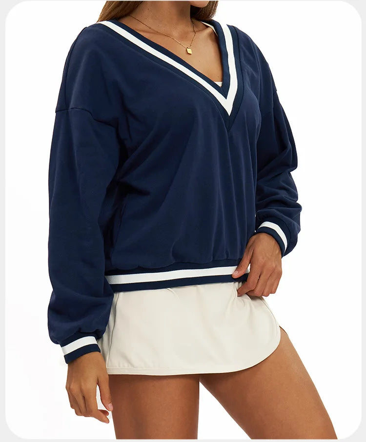 New Winter Women's Long Sleeved V-neck Sports Hoodie Women's Loose and Casual Long Sleeved Top Fashionable and Versatile Jacket