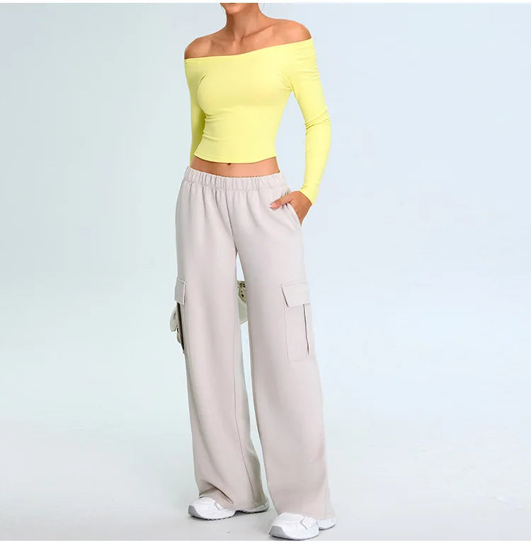 Off Shoulder Long Sleeve Yoga T-shirts Women Solid Sports Top Gym Workout Running Shirts Sexy Quick Dry Fitness Gym Sport Wear