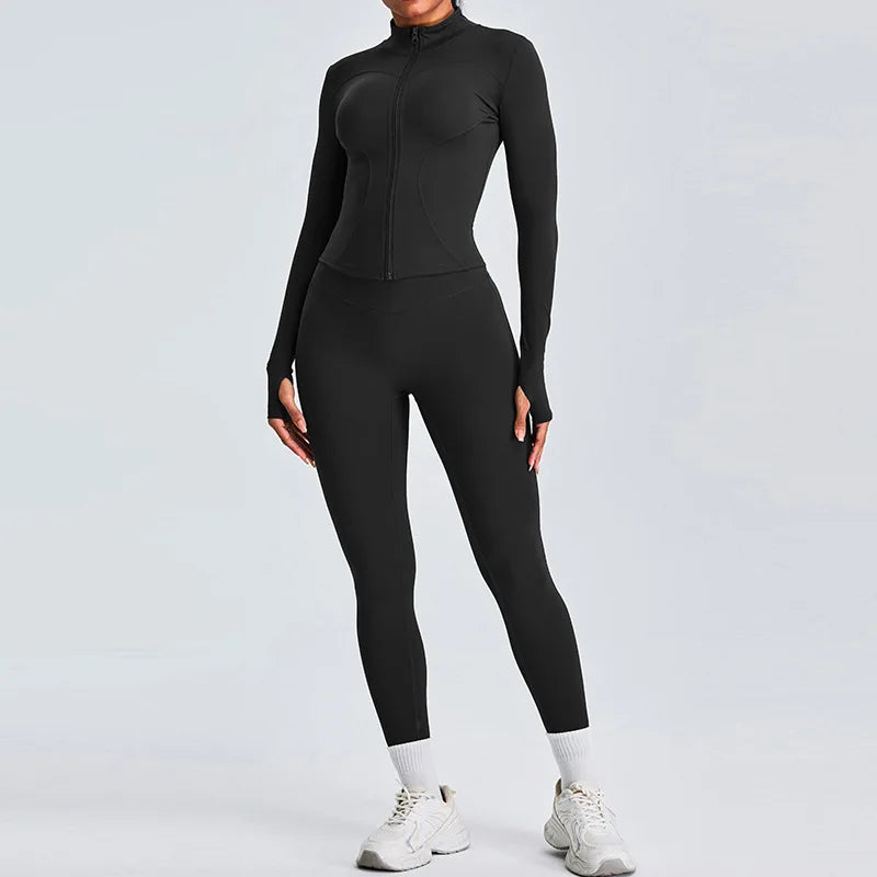 Women 2PCS Yoga Set Workout Clothes Long Sleeve Jacket Gym Crop Top High Waist Leggings Fitness Sports Wear Sport Suit Gymwear