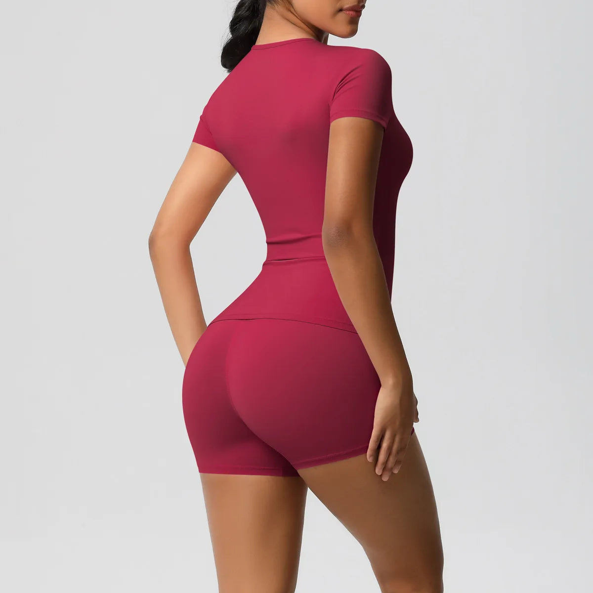 UREN 2PCS Gym Set Summer Short Sleeve Breathable Stretchy GYM Yoga Slim Fitness Active Top Women's Quick-Drying Cycling Short