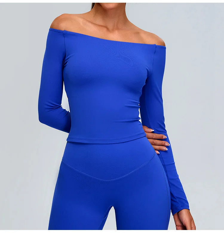 Sexy Off Shoulder Long Sleeved Tops Women's Yoga Long Sleeved Sports T-shirt Top Workout Running Tight Fitting Fitness Clothes