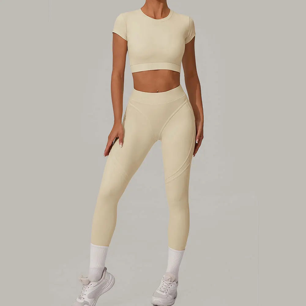 2PCS Yoga Set Gym Clothes Seamless Sportswear Yoga Suits Women Fitness Tracksuits Sports Short Sleeves Gym Leggings Sports Suits