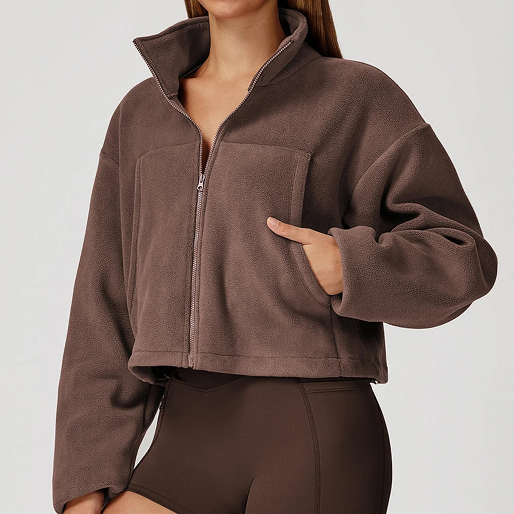 Winter Yoga Jacket Women Long Sleeved Stand Up Collar Windproof Warm Fleece Drawstring Jacket Running With Fleece Sports Jacket