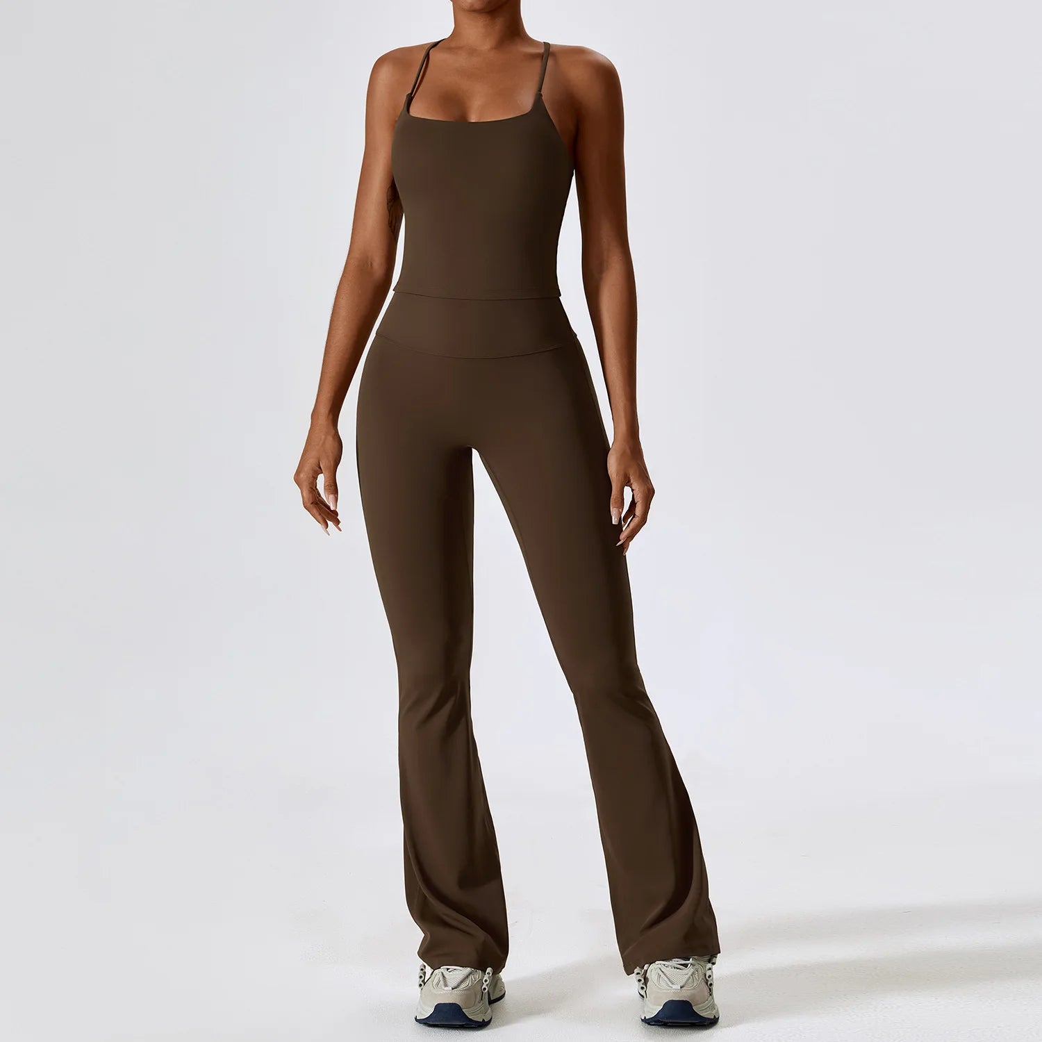 Women Tracksuit Gym Yoga Suit 2PCS Tight Fitting Sports Set Workout Breathable T Shirts Bra Tank Top Loose Bell-bottoms Leggings